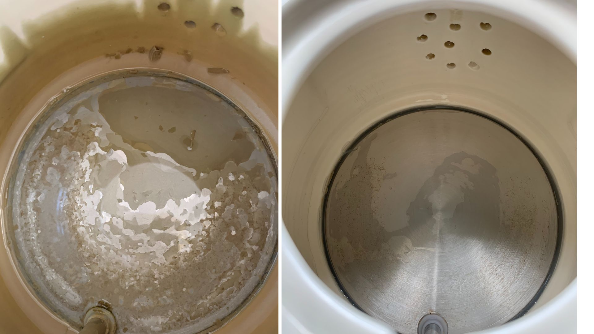 Descaling a kettle before and after showing how limescale is removed