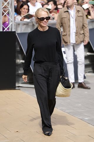 Actress Pamela Anderson arrives at the Maria Cristina Hotel during the 72nd San Sebastian International Film Festival on September 25, 2024 in San Sebastian, Spain.