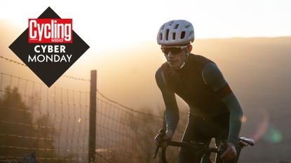 Image shows a cyclist and Cyber Monday deals