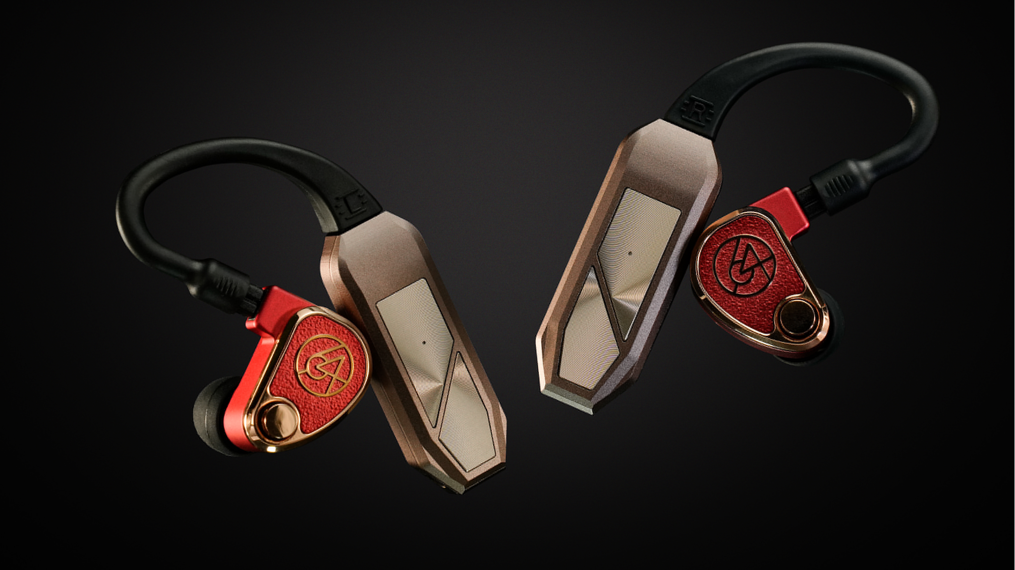 iFi GO Pod Max connected to red IEMs on a black background