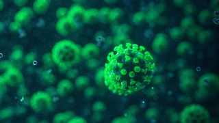 illustration of a bright green coronavirus particle floating in front of a sea of additional particles