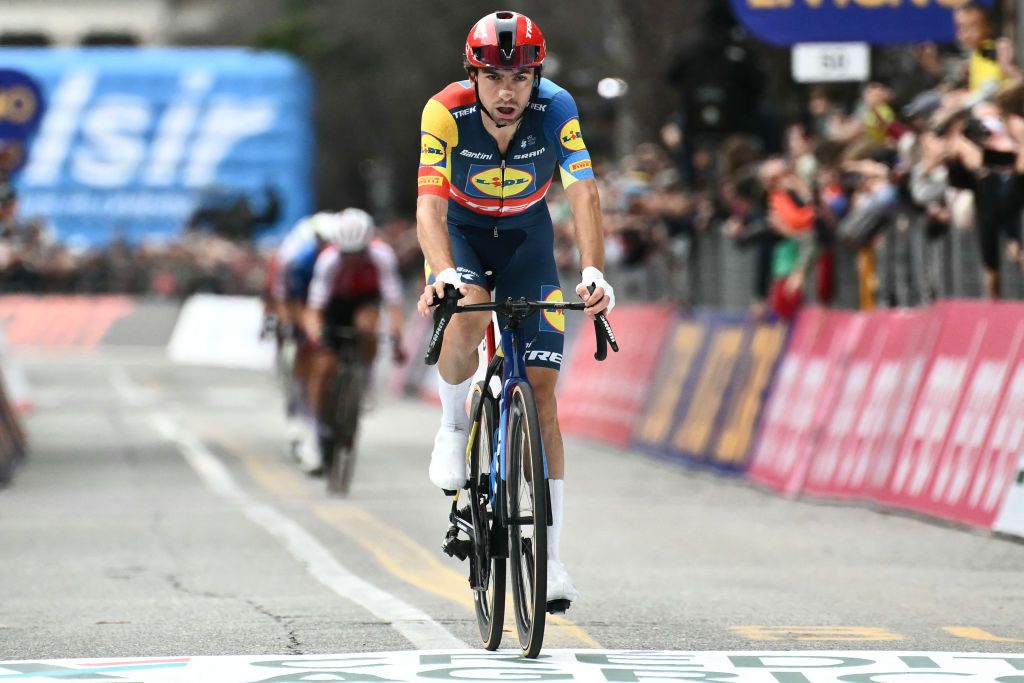Lidl - Trek team's Italian rider Giulio Ciccone cycles to the finish line to take third place in the 118th edition of the Giro di Lombardia (Tour of Lombardy), a 252km cycling race from Bergamo to Como on October 12, 2024. (Photo by Marco BERTORELLO / AFP)