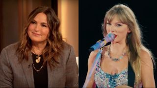 Mariska Hargitay on The Drew Barrymore Show and Taylor Swift from The Eras Tour film (side by side) 
