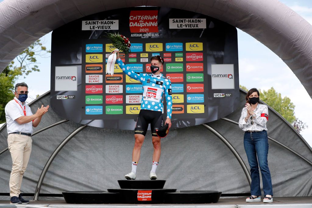 SAINT HAON LE VIEUXON FRANCE JUNE 01 Matthew Holmes of United Kingdom and Team Lotto Soudal Polka Dot Mountain Jersey celebrates at podium during the 73rd Critrium du Dauphin 2021 Stage 3 a 1722km stage from Langeac to Saint Haon Le Vieuxon UCIworldtour Dauphin dauphine June 01 2021 in Saint Haon Le Vieuxon France Photo by Bas CzerwinskiGetty Images
