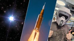 A  vertical three panel image with the left showing a bright blue-white star glowing in deep space, the middle shows the Artemis 2 rocket and the right a man in a stormtrooper helmet,