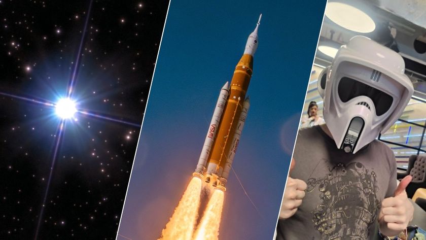 A  vertical three panel image with the left showing a bright blue-white star glowing in deep space, the middle shows the Artemis 2 rocket and the right a man in a stormtrooper helmet,