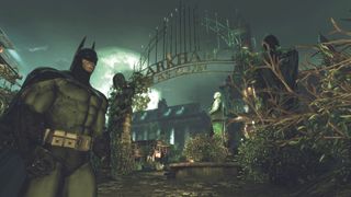 Batman the superhero fighting crime inside Arkham Asylum.