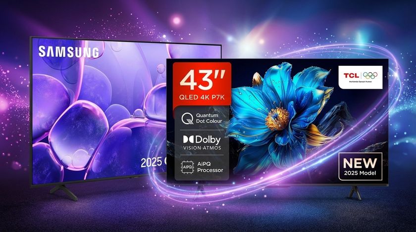 The 43-inch TCL P7K and Samsung U8000F TVs arranged against a swishy purple background