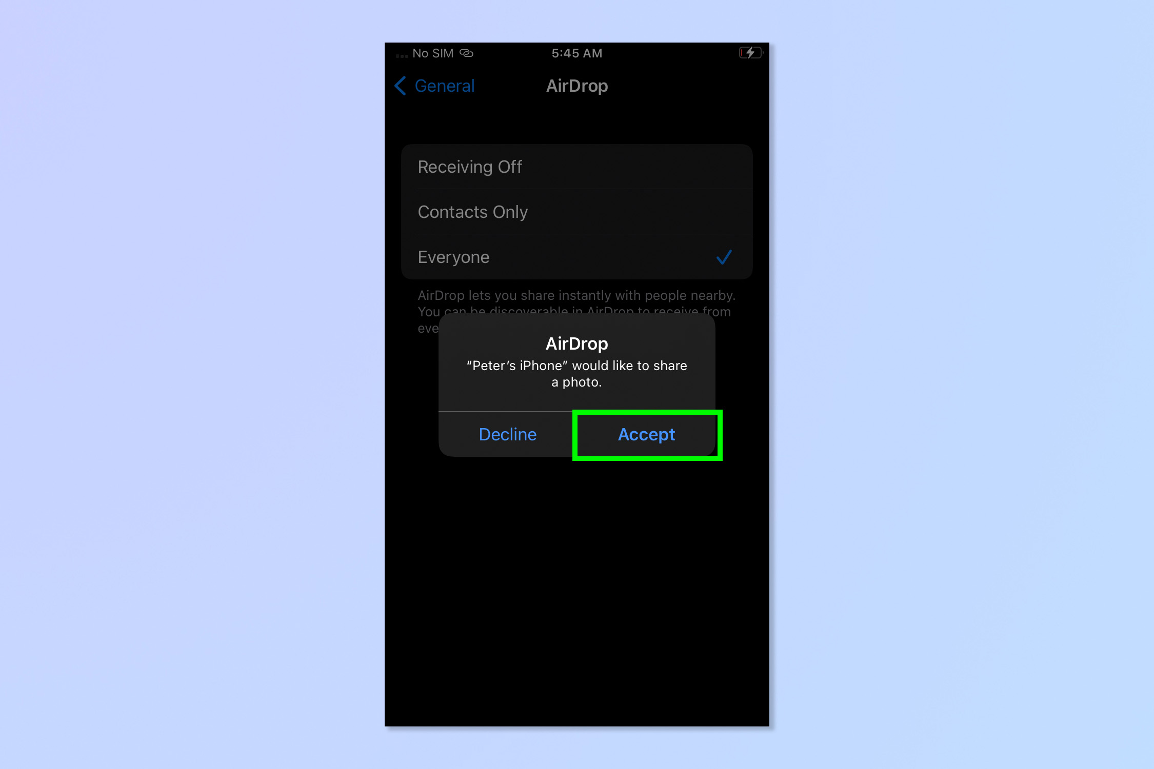 Скриншот, показывающий, как использовать AirDrop на iPhone
