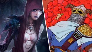 Left: Concept art of Morrigan from Dragon Age. Right: Key art of The Cleric from Esoteric Ebb resting on a bed of apples