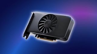 Intel Arc graphics card with blue and pink backdrop