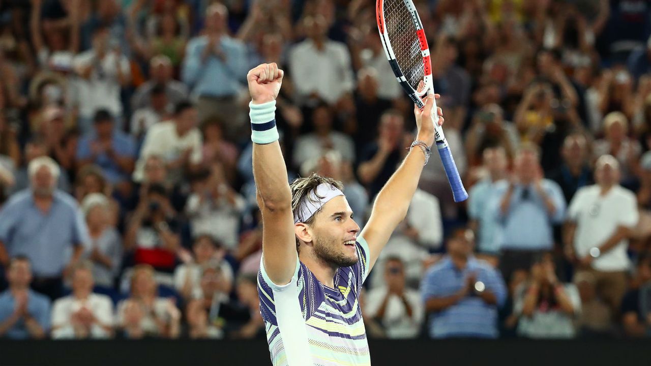 Dominic Thiem celebrates his semi-final victory over Alexander Zverev 