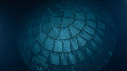 A close up of a circular heat shield made of interlocking rectangular components seen underwater.