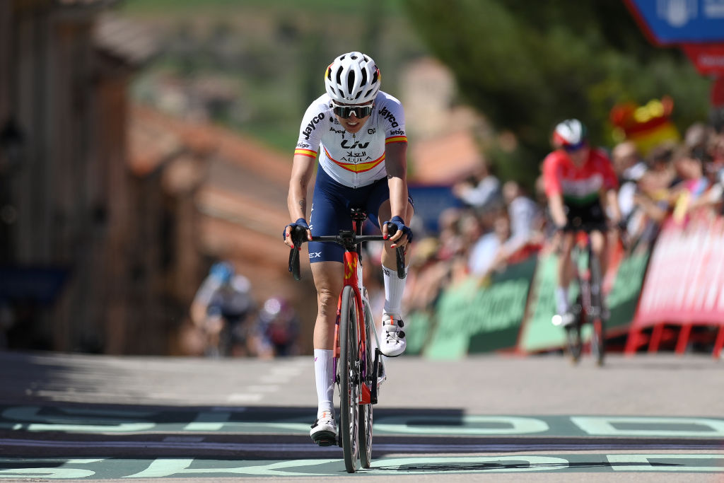 SIGUENZA SPAIN MAY 04 Mavi Garcia of Spain and Team Liv AlUla Jayco crosses the finish line during the 10th La Vuelta Femenina 2024 Stage 7 a 1386km stage from San Esteban de Gormaz to Siguenza 1030m UCIWT on May 04 2024 in Siguenza Spain Photo by Alex BroadwayGetty Images