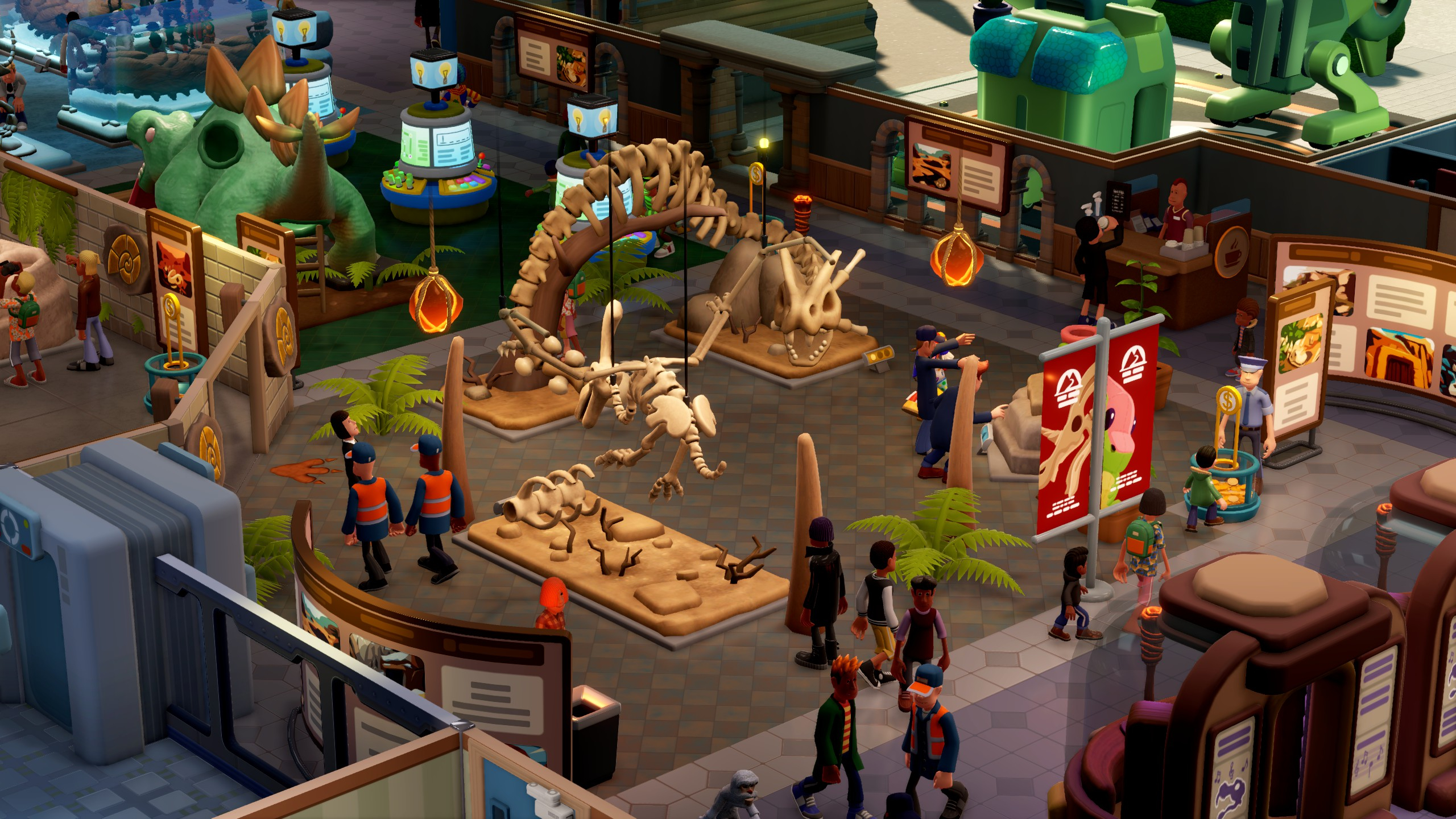 A screenshot from Two Point Museum showing dinosaur bones exhibits