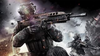 A high-tech soldier leads the charge in Call of Duty: Black Ops 2, wielding a streamlined assault rifle and a futuristic tactical mask