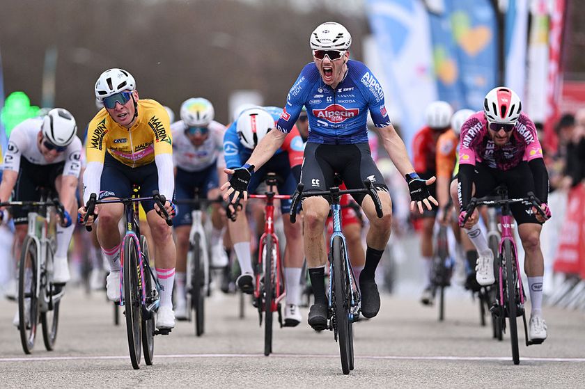 BESSEGES, FRANCE - FEBRUARY 06: Henri Uhlig of Germany and Team Alpecin-Premier Tech (C) celebrates at finish line as stage winner ahead of (L-R) Lukas Kubis of Slovakia and Team Unibet Rose Rockets - Yellow Points Jersey and Louis Hardouin of France and Team Van Rysel Roubaix during the 56th Etoile de Besseges - Tour du Gard 2026, Stage 3 a 162.3km stage from Besseges to Besseges on February 06, 2026 in Besseges, France. (Photo by Luc Claessen/Getty Images)