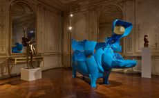 Blue hippo sculpture by Les Lalanne in palace during Planète Lalanne exhibition at Venice Biennale 2024