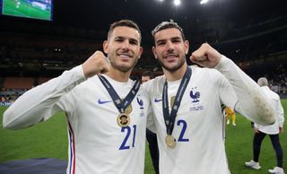 Lucas and Theo Hernandez celebrate after France's UEFA Nations League win in 2021.