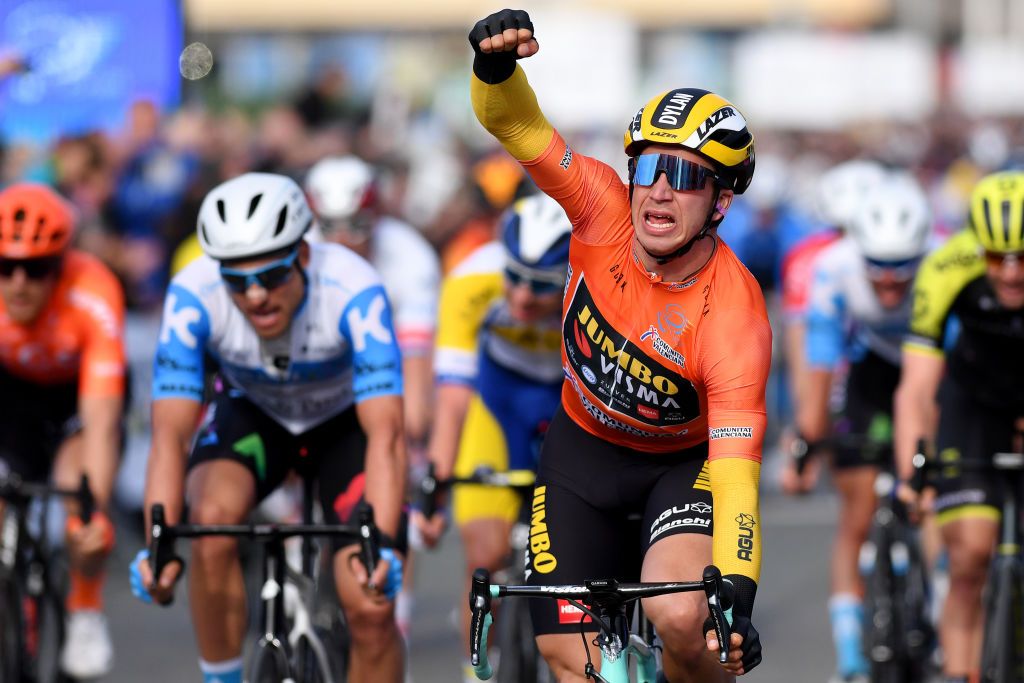 Jumbo-Visma’s Dylan Groenewegen celebrates winning stage 3 of the 2020 Volta a la Comunitat Valenciana