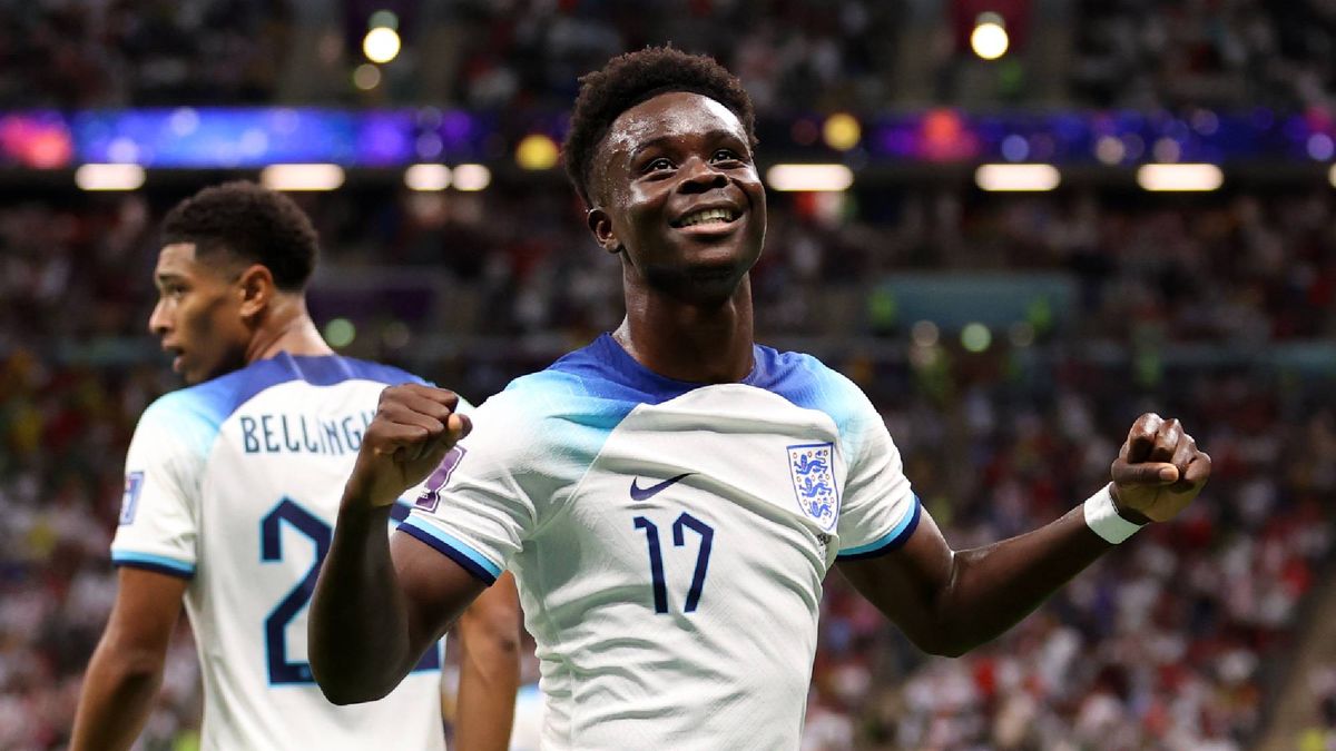 Bukayo Saka of England celebrates after scoring ahead of the Scotland vs England live stream