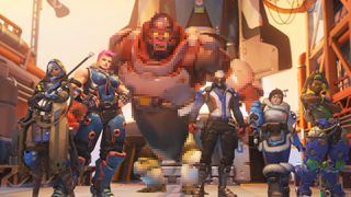 Pixelated Winston in Overwatch victory screen