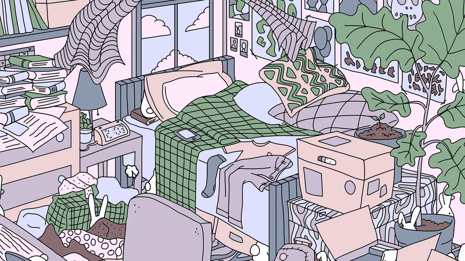 The first level in I commissioned some bunnies, where rabbits are hidden in a drawing of a messy bedroom.
