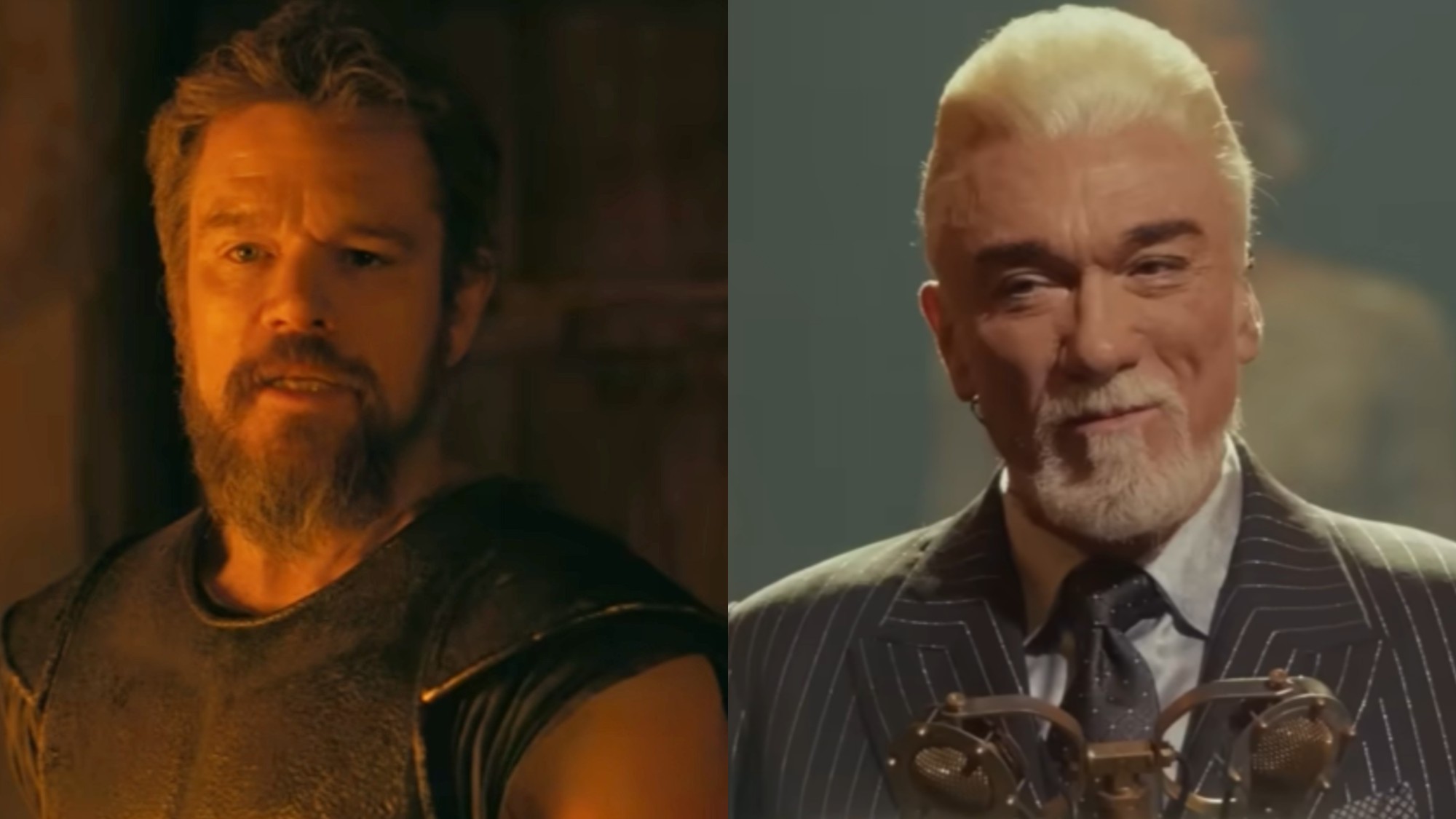 From left to right: Matt Damon in The Odyssey and Patrick Page in Hadestown. 