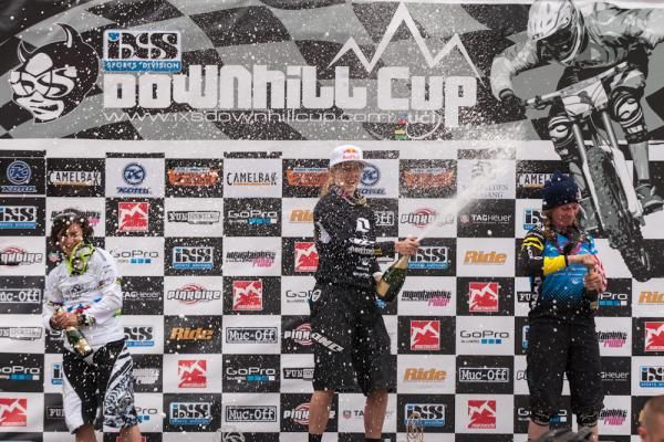 Rachel Atherton (GT) atop the podium in Leogang