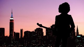 A silhouette of Jimi Hendrix overlooks the New York skyline