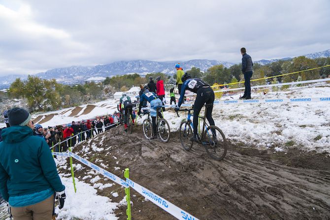 Riders faced snowy and muddy conditions during day two of the US Open of Cyclocross