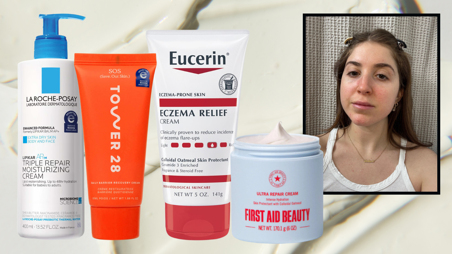 eczema cream art treatment with a woman with brown hair and bare skin next to four bottles of face moisturizer