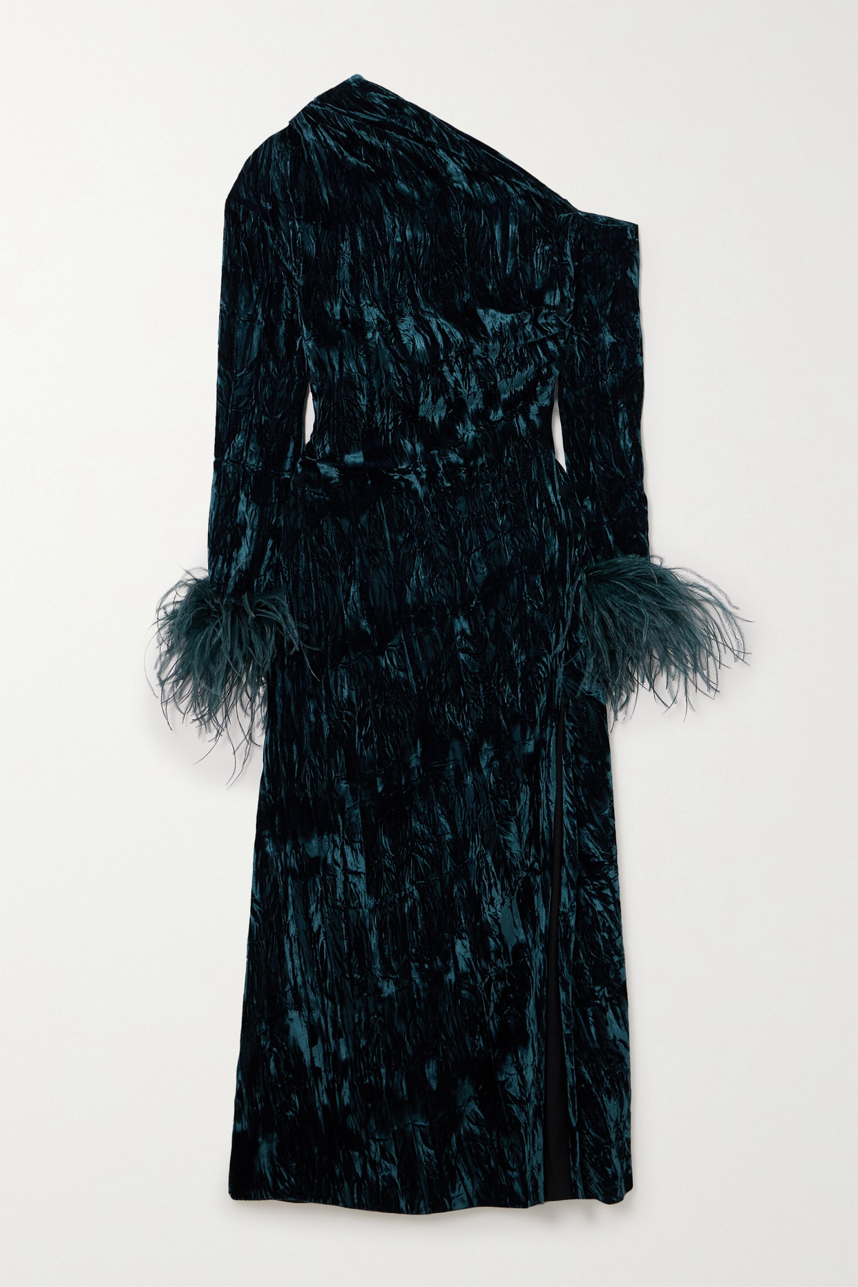 Adelaide One-Shoulder Feather-Trimmed Crushed-Velvet Midi Dress