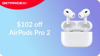 Blue and purple background with red GetPrice header on top left corner with a picture of AirPods Pro 2 with white text that says $102 off AirPods Pro 2"