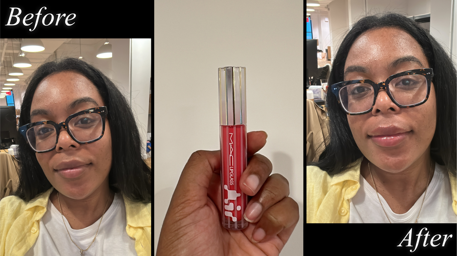 Ariel Baker testing MAC Lip Glass Air.