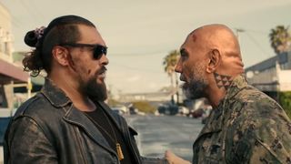 Dave Bautista and Jason Momoa arguing in character in The Wrecking Crew
