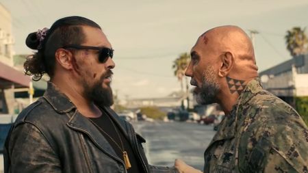Dave Bautista and Jason Momoa arguing in character in The Wrecking Crew