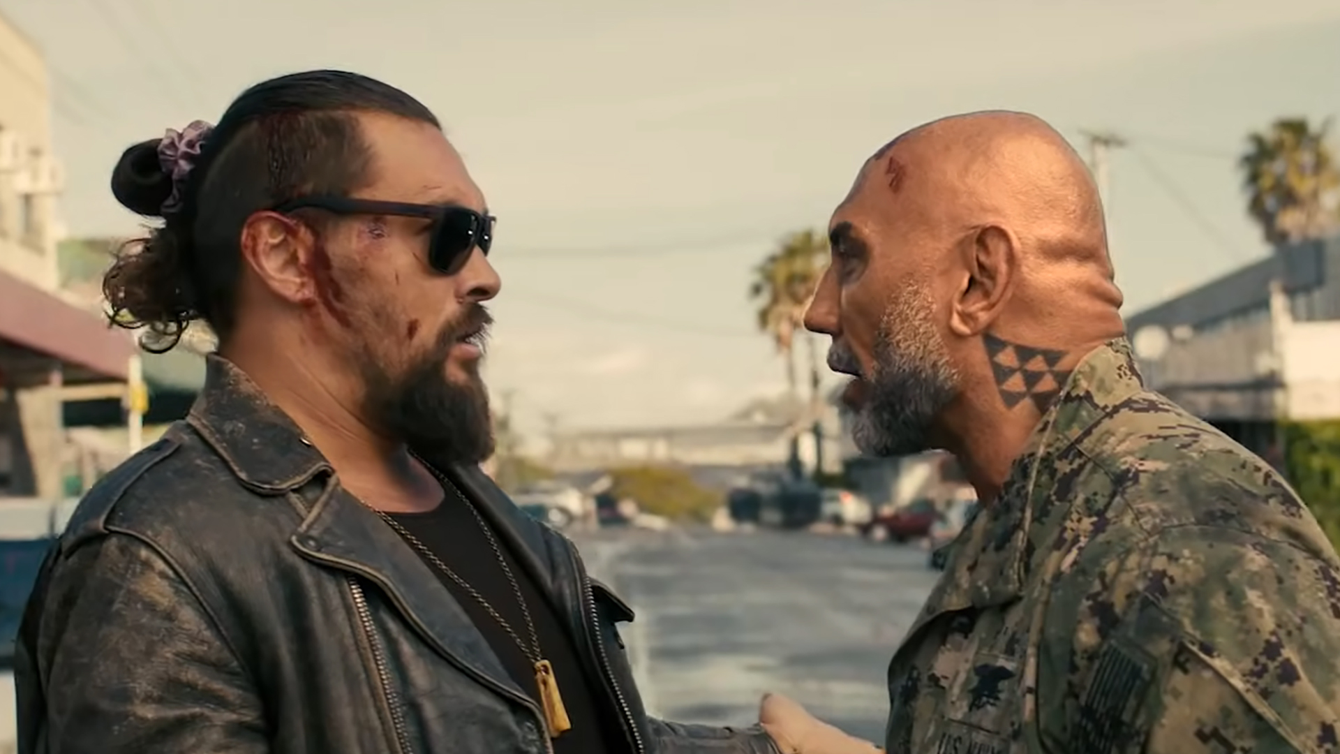 Dave Bautista and Jason Momoa arguing in character in The Wrecking Crew