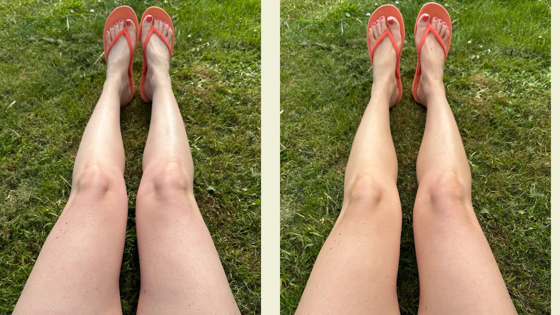 woman's legs without tan on right and with tan on left
