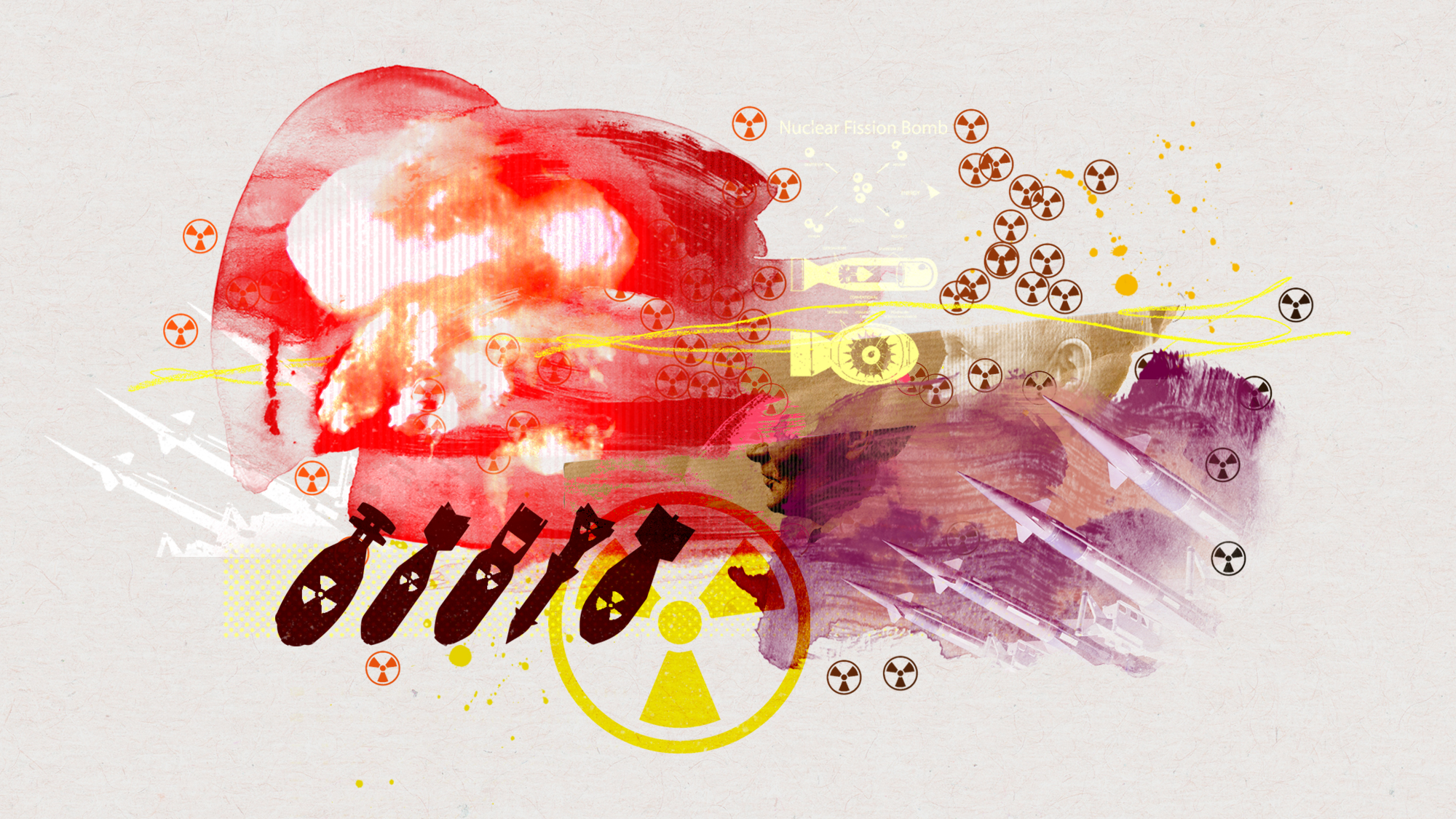 An abstract collage depicting nuclear missiles, symbols and detonations