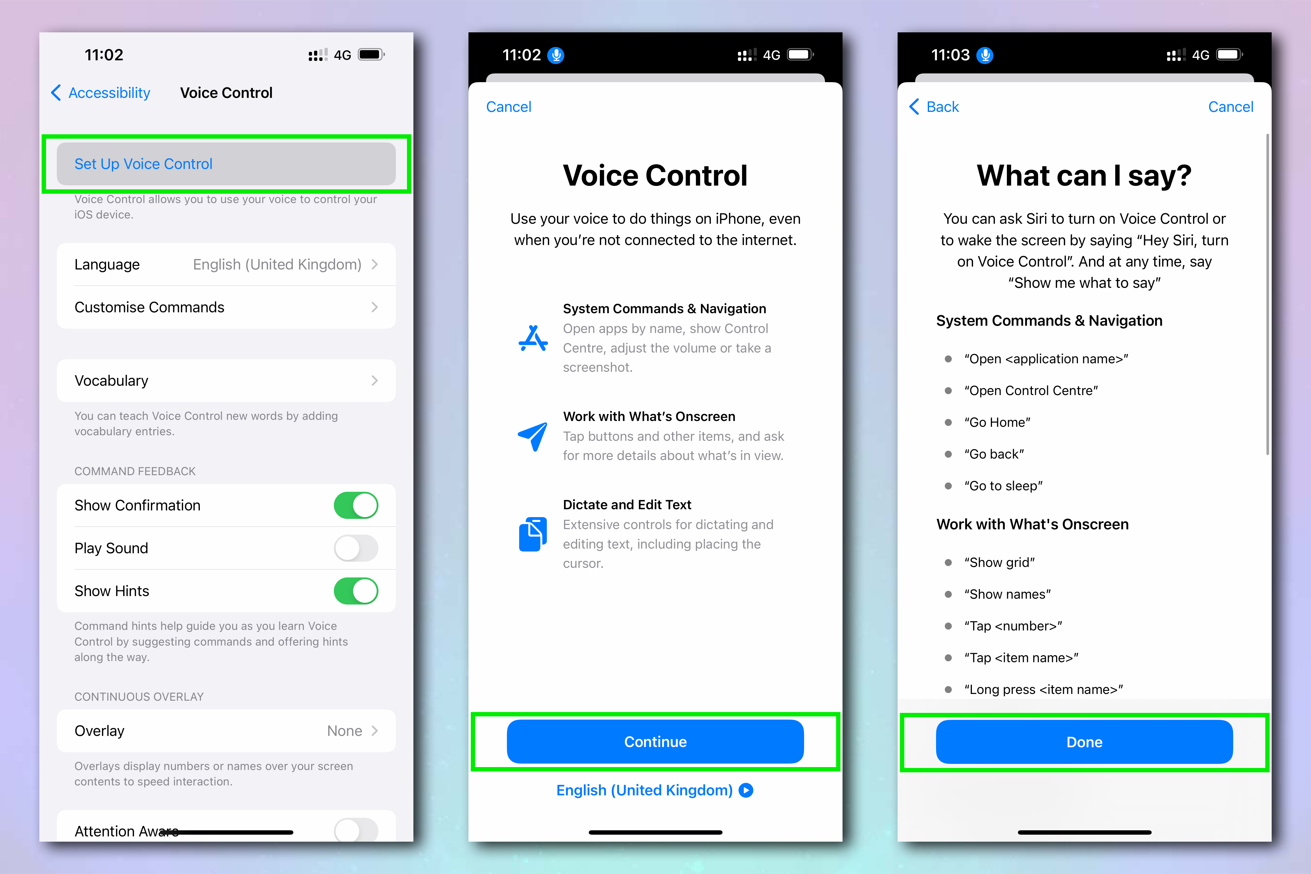 iPhone Settings menus, demonstrating how to enable Voice Control on iPhone