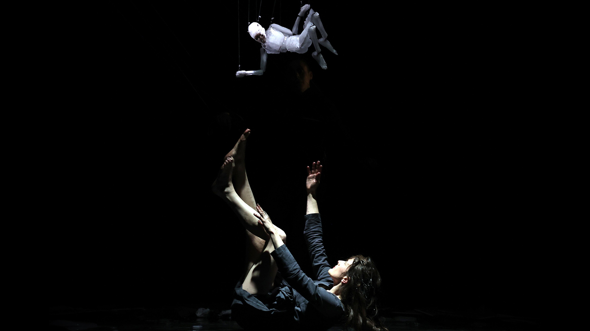 French artist Élise Vigneron performs in the Theatre de l'Entrouvert show 'Anywhere' during the Carthage International Puppet Arts Festival in Tunis, Tunisia