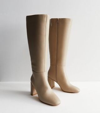 Camel Leather-Look Stretch Block Heel Knee High Boots