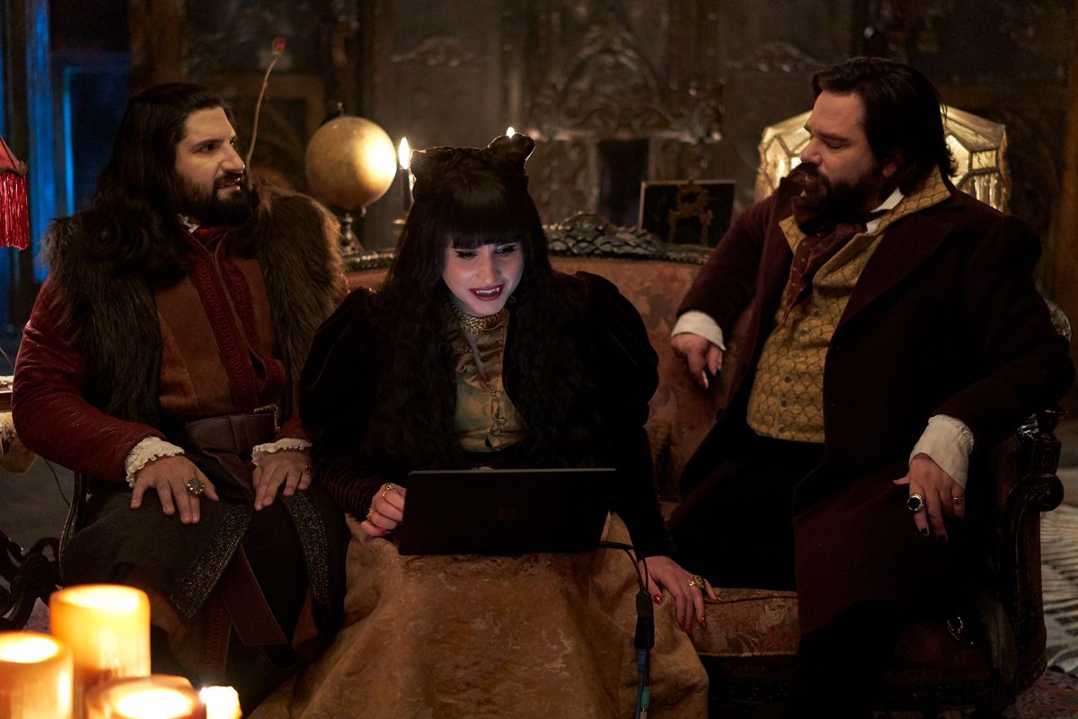 Kayvan Novak as Nandor, Natasia Demetriou as Nadja, Matt Berry as Laszlo in FX&#039;s &quot;What We Do in the Shadows&quot;