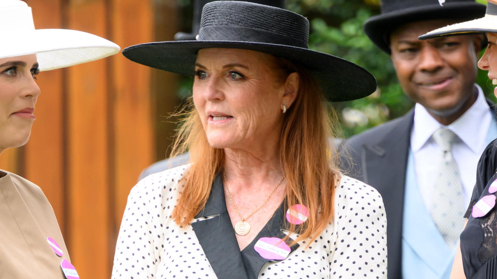 Sarah Ferguson wears a black and white polka dot dress to Royal Ascot 2025