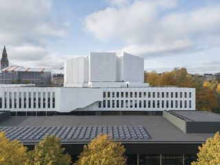 Finlandia Hall white marble interiors and volumes by Alvar Aalto