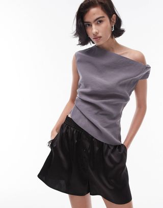 Topshop Faux Soft Touch Asymmetric Top in Charcoal