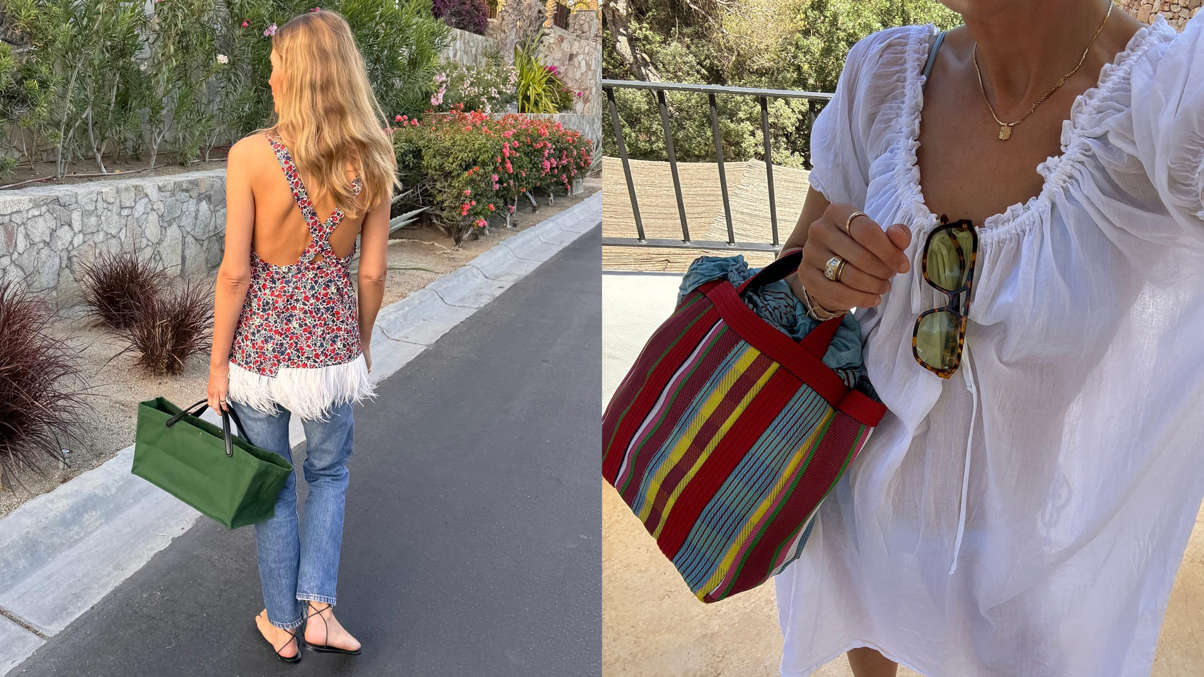 Courtney Grow and Lucy Williams carrying colorful market totes.