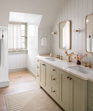Neutral bathroom with shiplap paneling