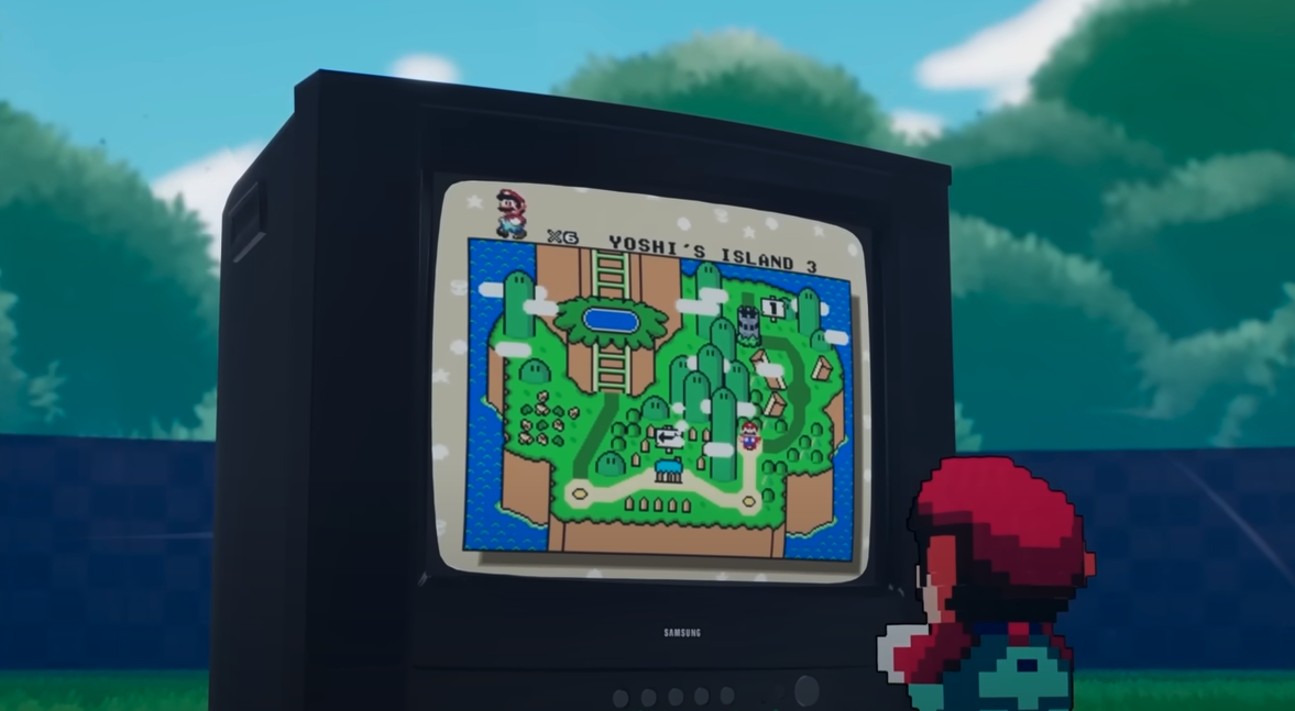 Super Mario World in 3D Mario standing by a TV